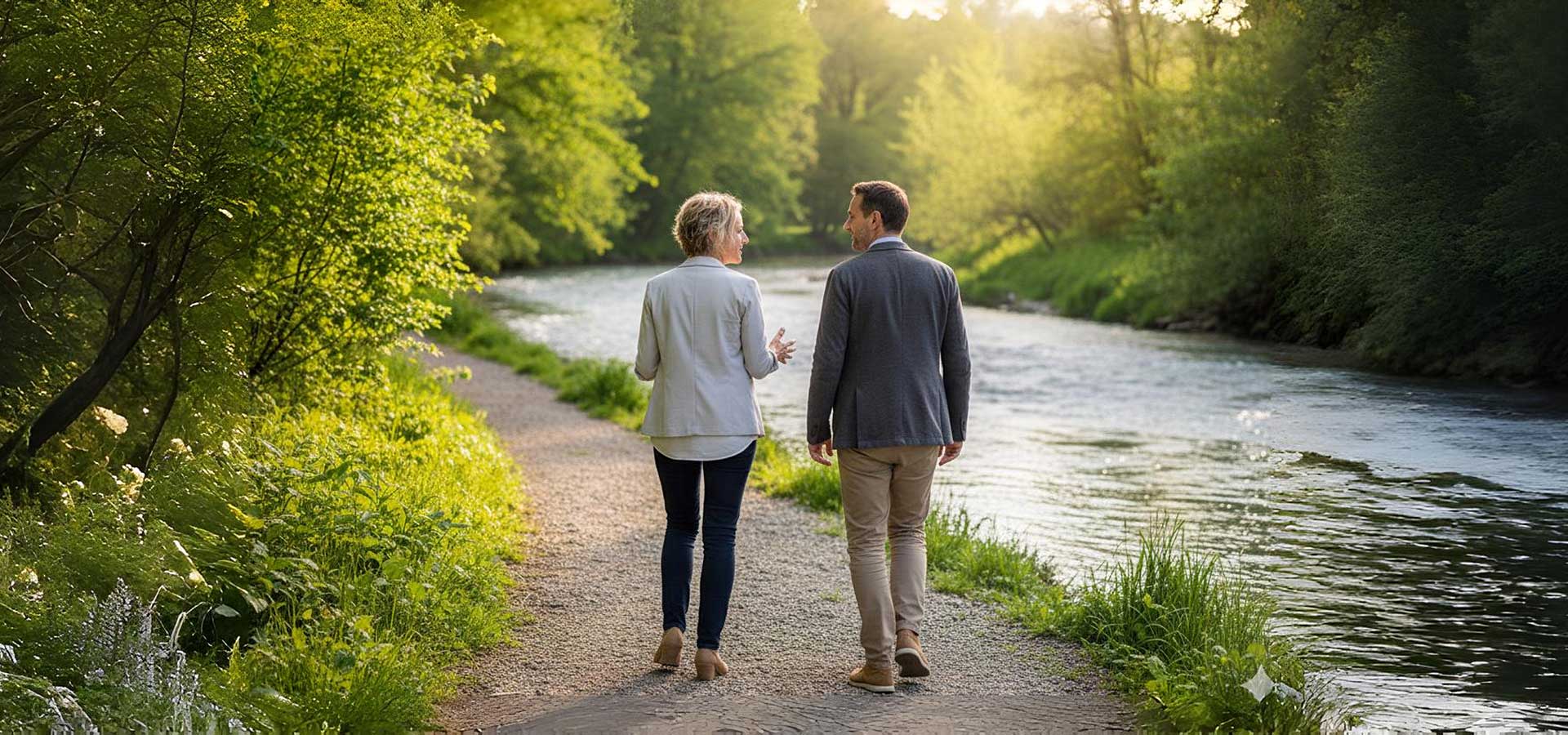 Eine Frau und ein Mann sprechen während eines Spaziergangs im Grünen entlang einem Bach miteinander